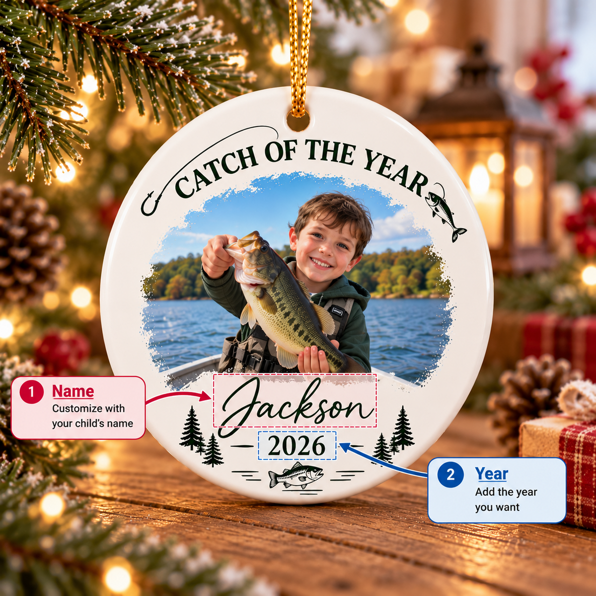 How to personalize fishing photo ornament with name and year