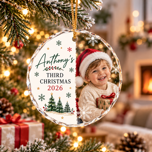 Personalized circle glass one-sided Christmas photo ornament with Anthony's Third Christmas 2026