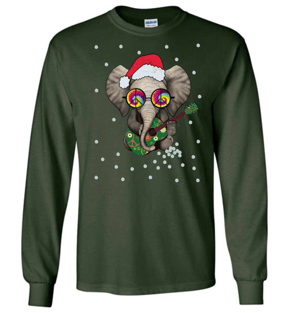 Hippie Elephant - Funny Holiday T-Shirts Heyjude Shoppe Long Sleeve Tee Forest Green S