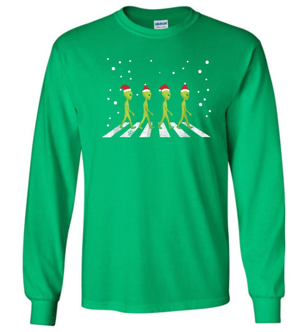 Funny Aliens Christmas Heyjude Shoppe Long Sleeve Tee Irish Green S