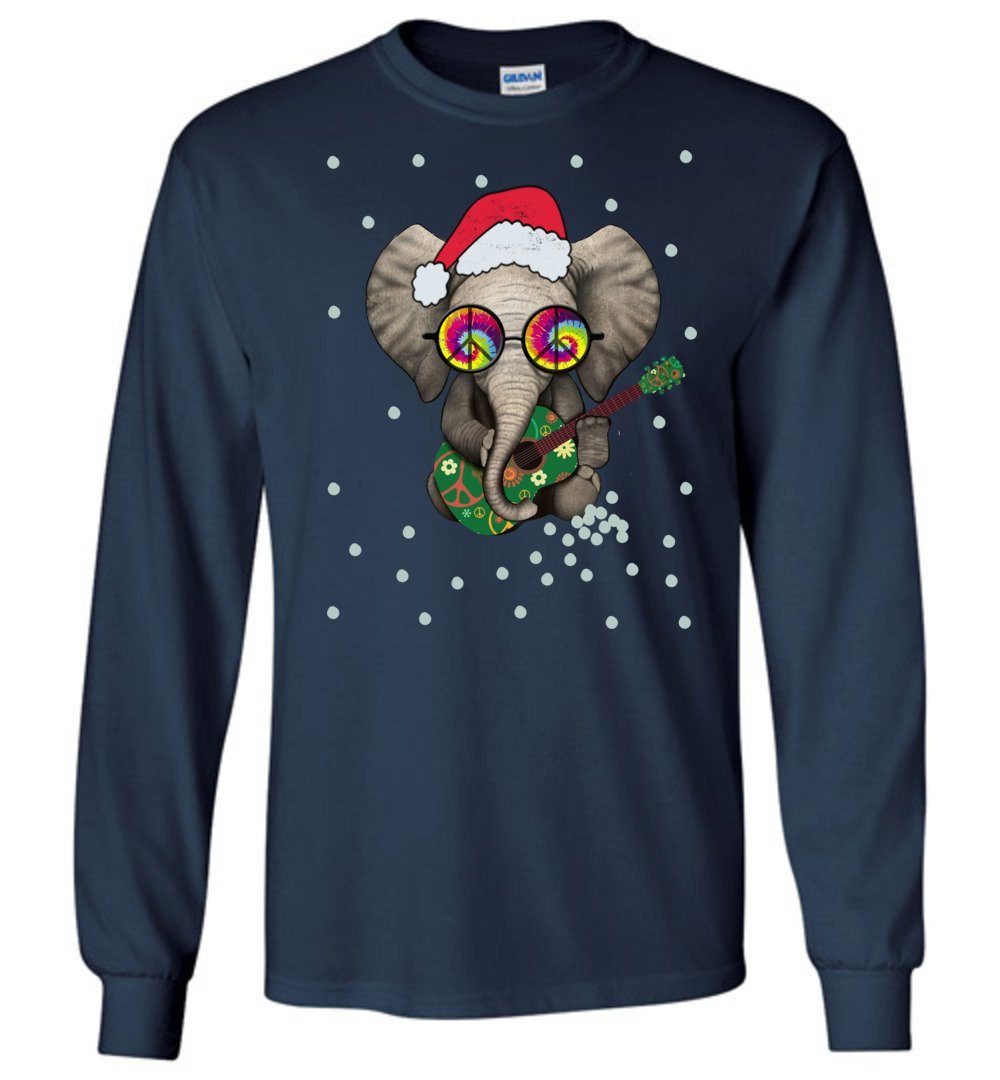 Hippie Elephant - Funny Holiday T-Shirts Heyjude Shoppe Long Sleeve Tee Navy S