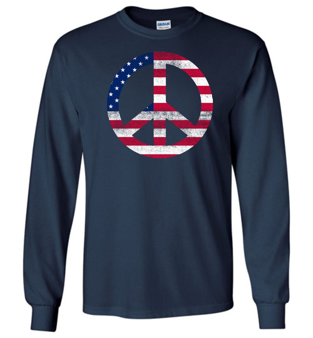 Stars And Stripes Peace Sign T-Shirts Heyjude Shoppe Long Sleeve Tee Navy S
