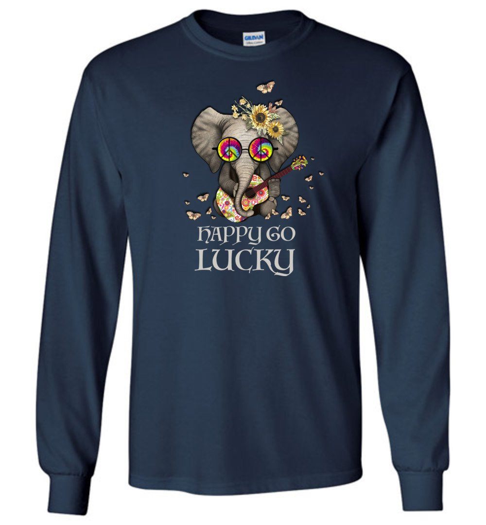 Happy Go Lucky Elephant Long Sleeve T-Shirts Heyjude Shoppe Navy S 