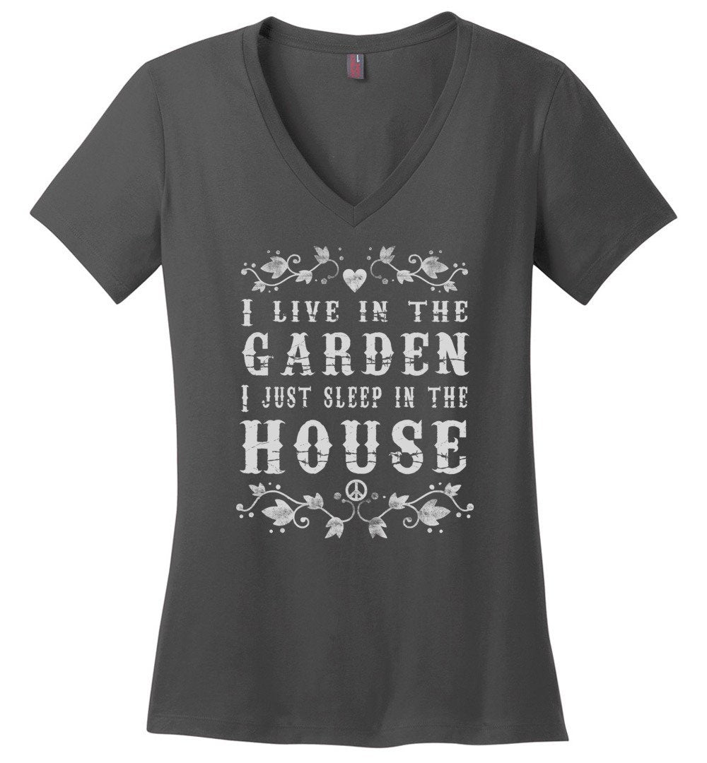 I Live In The Garden T-shirts Heyjude Shoppe Ladies V-Neck Charcoal XS