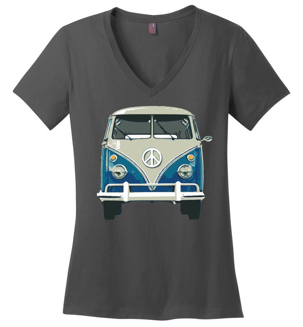 Hippie Van T-shirts Heyjude Shoppe Ladies V-Neck Charcoal XS