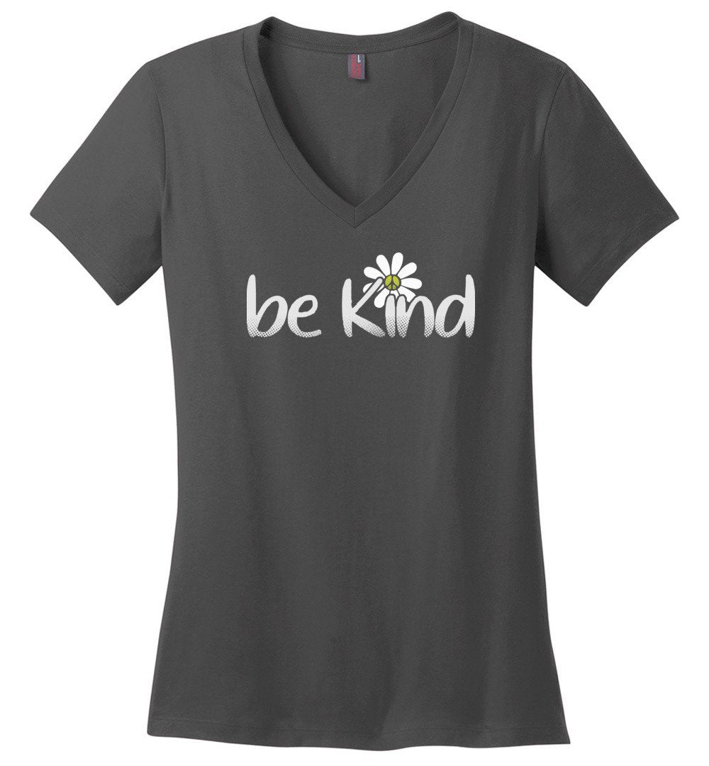 Be Kind Daisy Flower T-shirts Heyjude Shoppe Ladies V-Neck Charcoal XS
