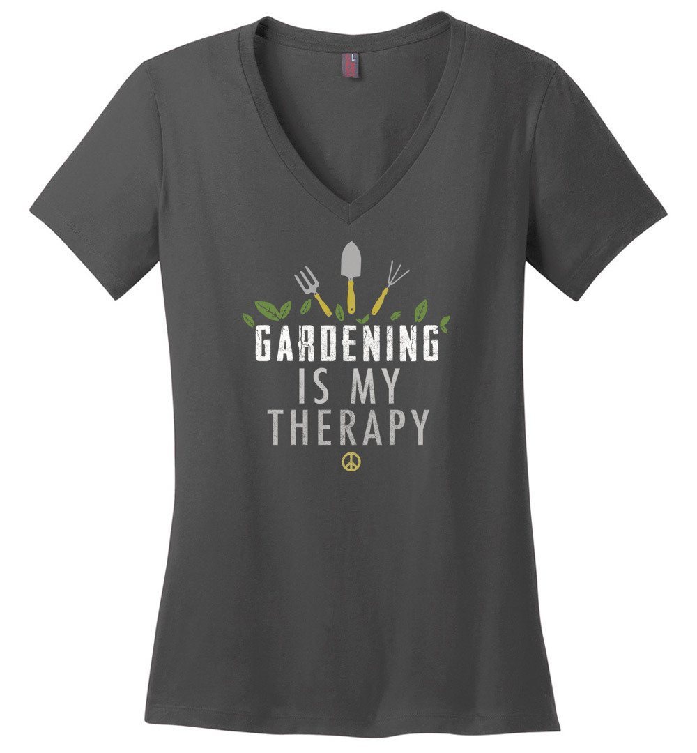 Gardening Is My Therapy T-shirts Heyjude Shoppe Ladies V-Neck Charcoal XS