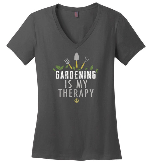 Gardening Is My Therapy T-shirts Heyjude Shoppe Ladies V-Neck Charcoal XS