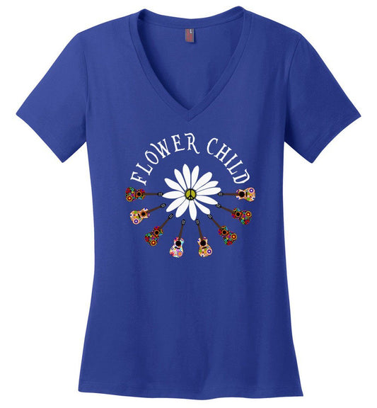 Flower Child T-shirts Heyjude Shoppe Ladies V-Neck Deep Royal XS