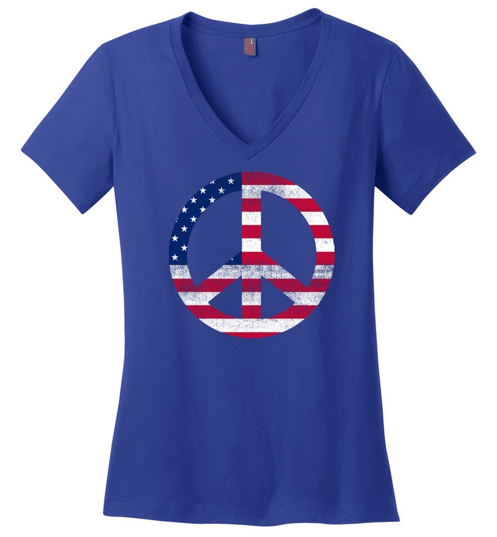 Stars And Stripes Peace Sign T-Shirts Heyjude Shoppe Ladies V-Neck Deep Royal XS