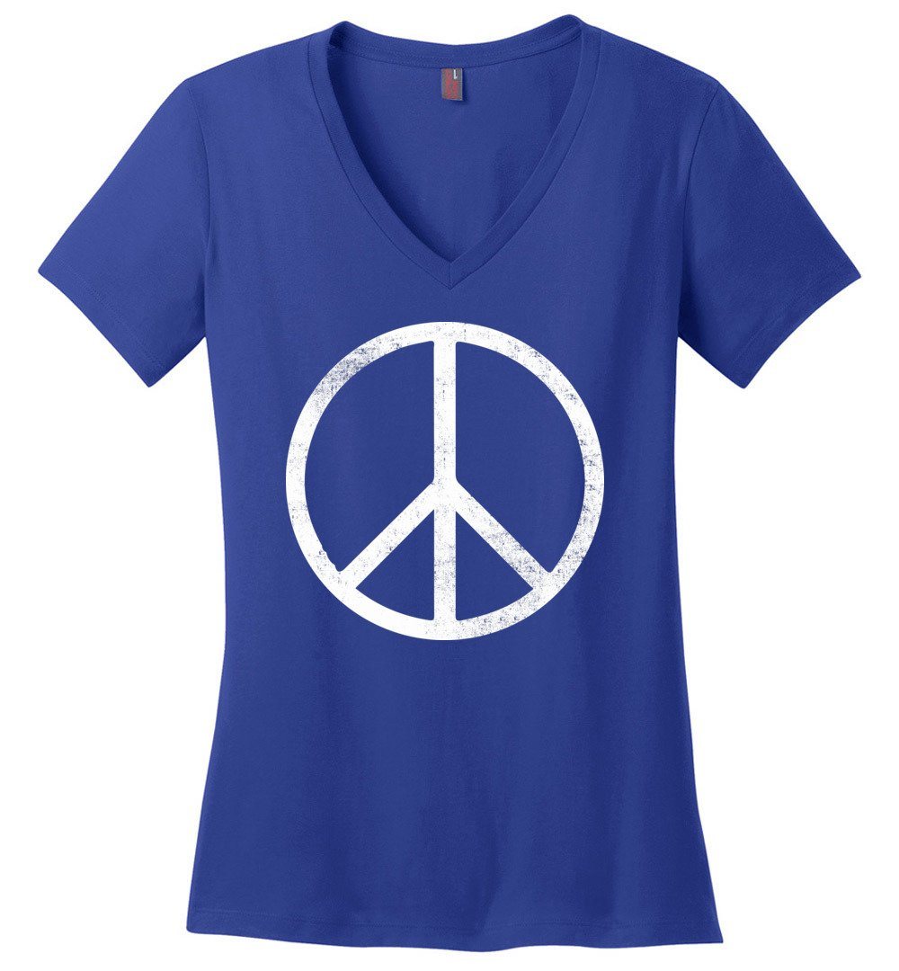 Simple Peace Sign T-shirts Heyjude Shoppe Ladies V-Neck Deep Royal XS
