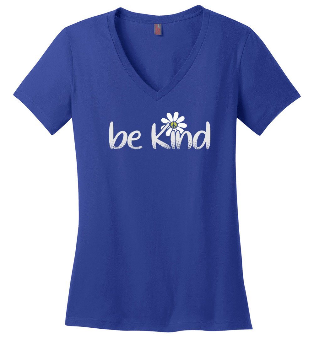 Be Kind Daisy Flower T-shirts Heyjude Shoppe Ladies V-Neck Deep Royal XS