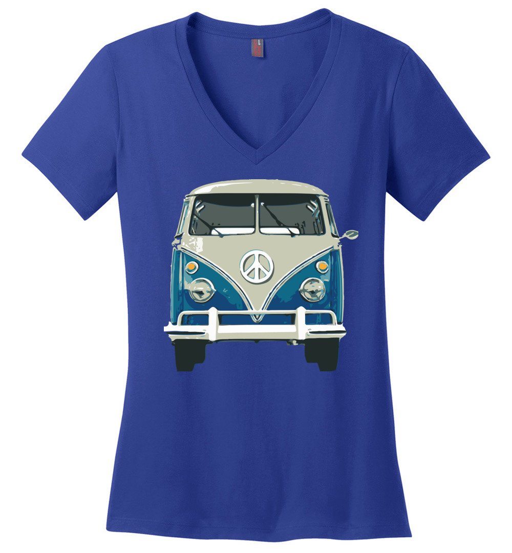 Hippie Van T-shirts Heyjude Shoppe Ladies V-Neck Deep Royal XS
