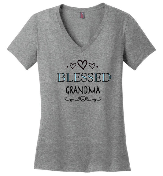 Blessed Grandma T-shirts Heyjude Shoppe Ladies V-Neck Heathered Nickel XS