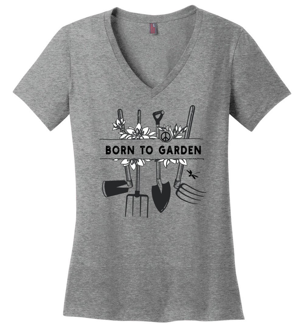 Born To Garden T-shirt Heyjude Shoppe Ladies V-Neck Heathered Nickel XS
