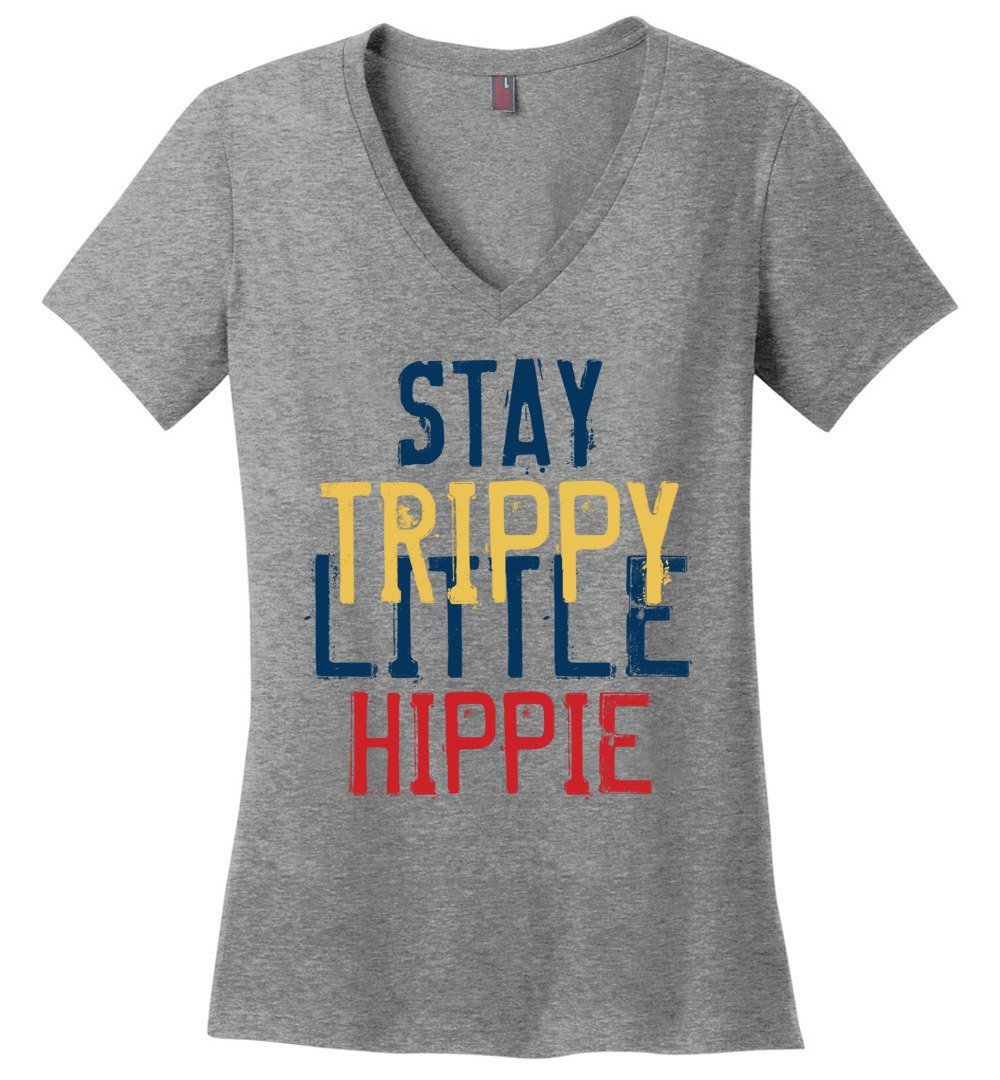 Stay Trippy Little Hippie Vneck Tee Heyjude Shoppe Heathered Nickel XS 