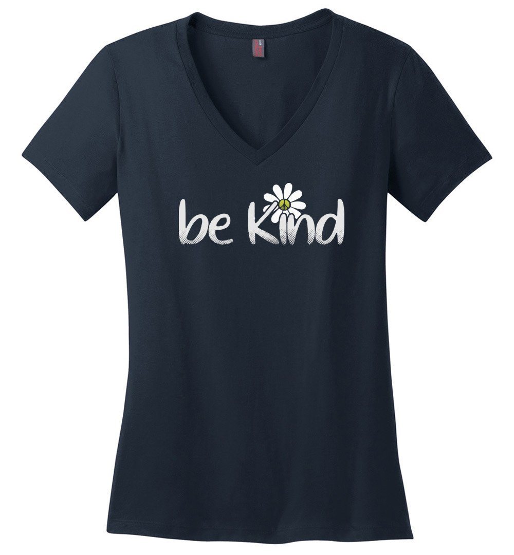 Be Kind Daisy Flower T-shirts Heyjude Shoppe Ladies V-Neck Navy XS