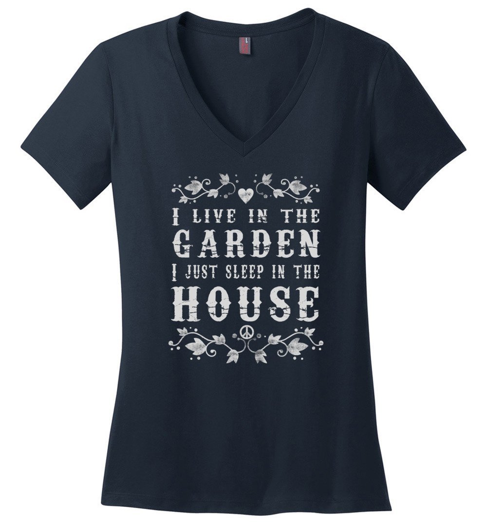 Live In The Garden - Funny T-shirts Heyjude Shoppe Ladies V-Neck Navy XS