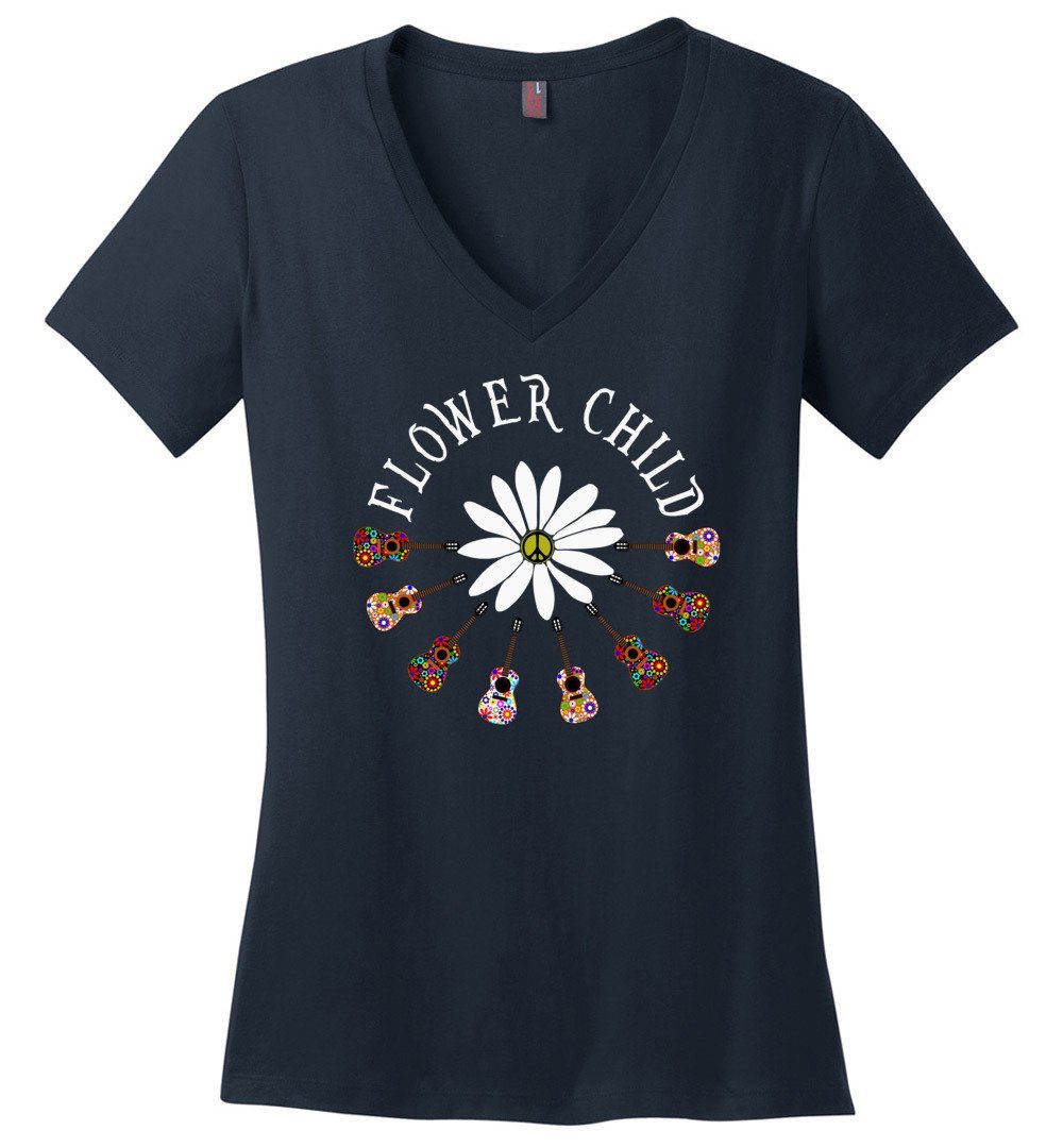 Flower Child T-shirts Heyjude Shoppe Ladies V-Neck Navy XS