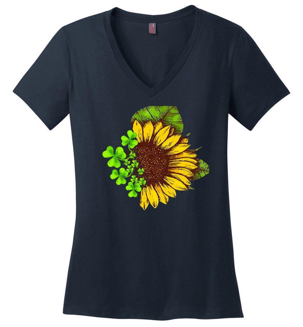 Sunflower Clovers - Happy Go Lucky T-shirts Heyjude Shoppe Ladies V-Neck Navy XS