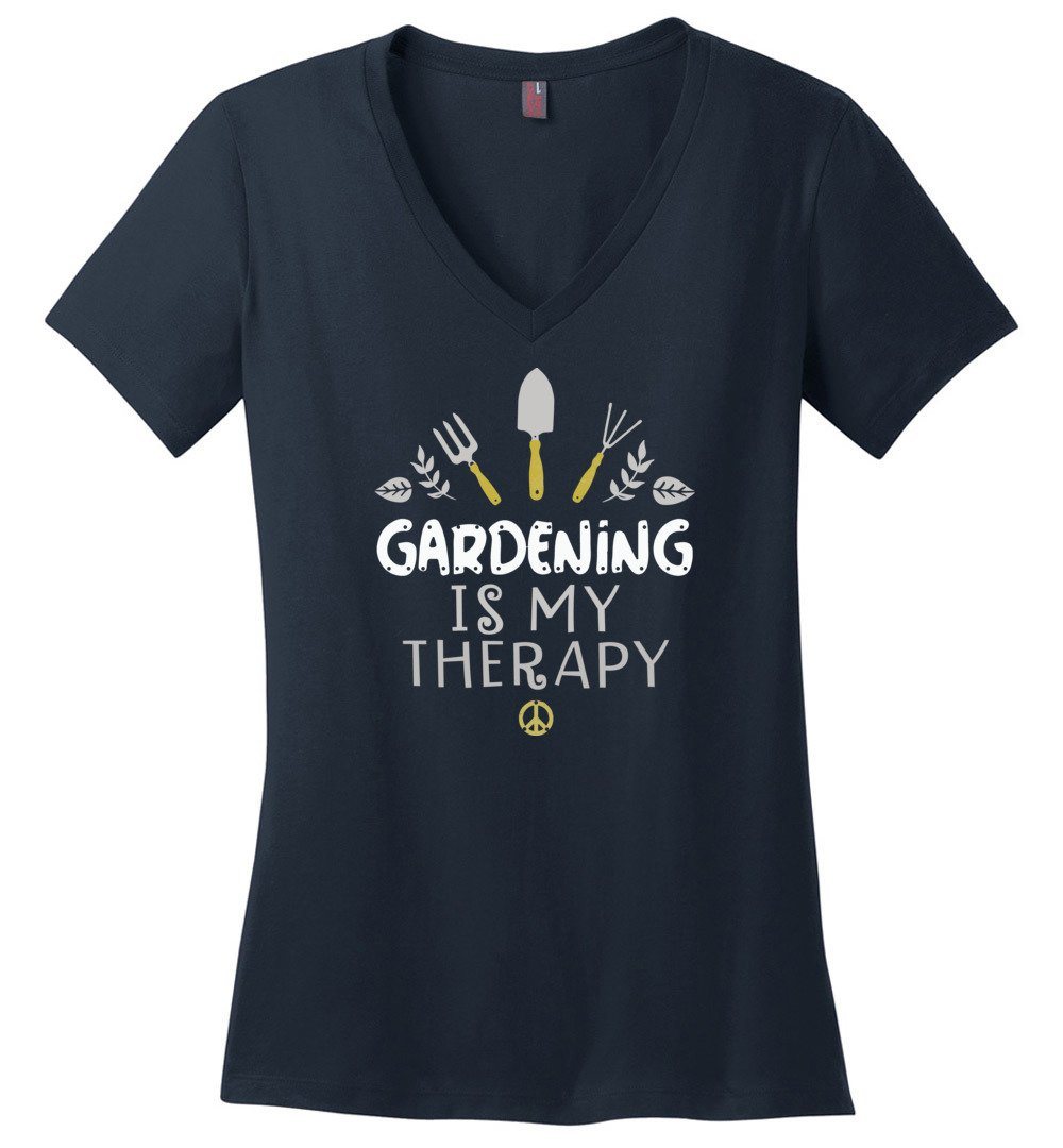 Gardening Is My Therapy T-shirts Heyjude Shoppe Ladies V-Neck Navy XS