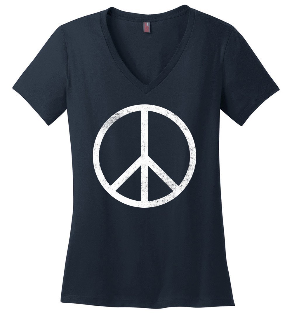 Simple Peace Sign T-shirts Heyjude Shoppe Ladies V-Neck Navy XS
