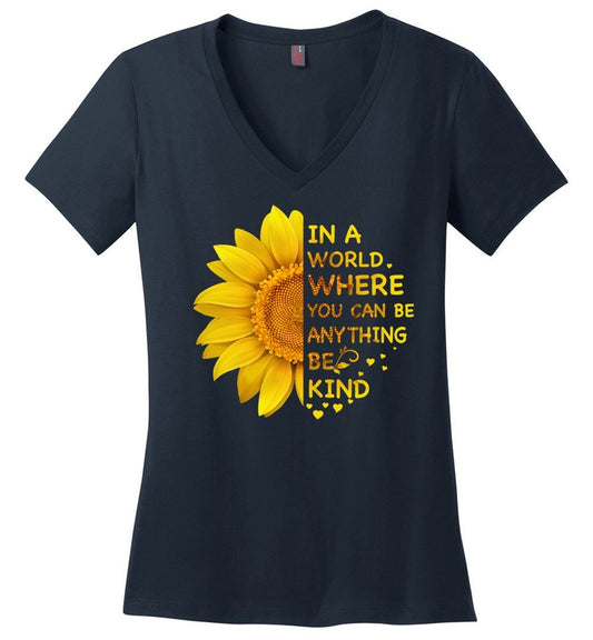 Be Kind - Sunflower T-shirts Heyjude Shoppe Ladies V-Neck Navy XS