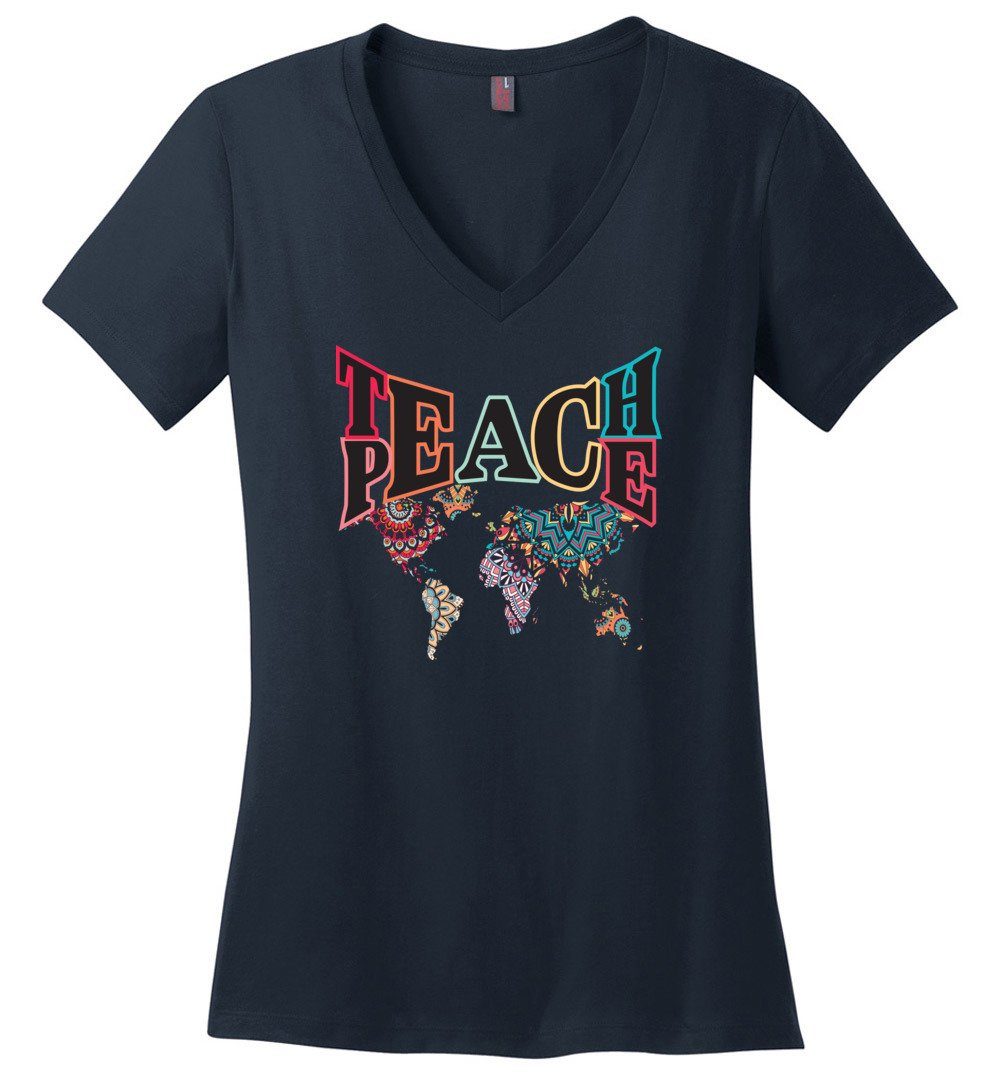 Teach Peace - T-Shirts Heyjude Shoppe Ladies V-Neck Navy XS
