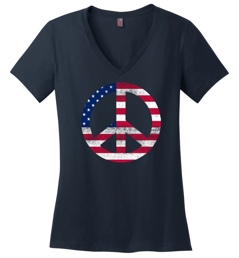 Stars And Stripes Peace Sign T-Shirts Heyjude Shoppe Ladies V-Neck Navy XS