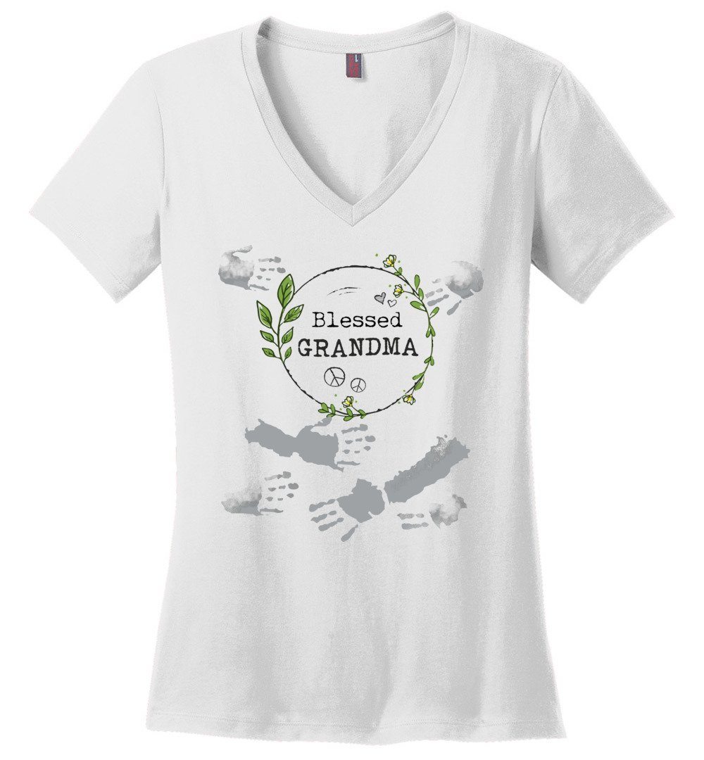 Blessed Grandma T-shirts Heyjude Shoppe Ladies V-Neck White XS