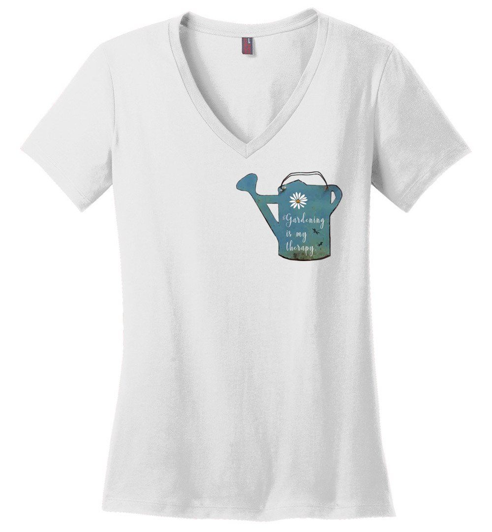 Gardening Is My Therapy T-shirts Heyjude Shoppe Ladies V-Neck White XS