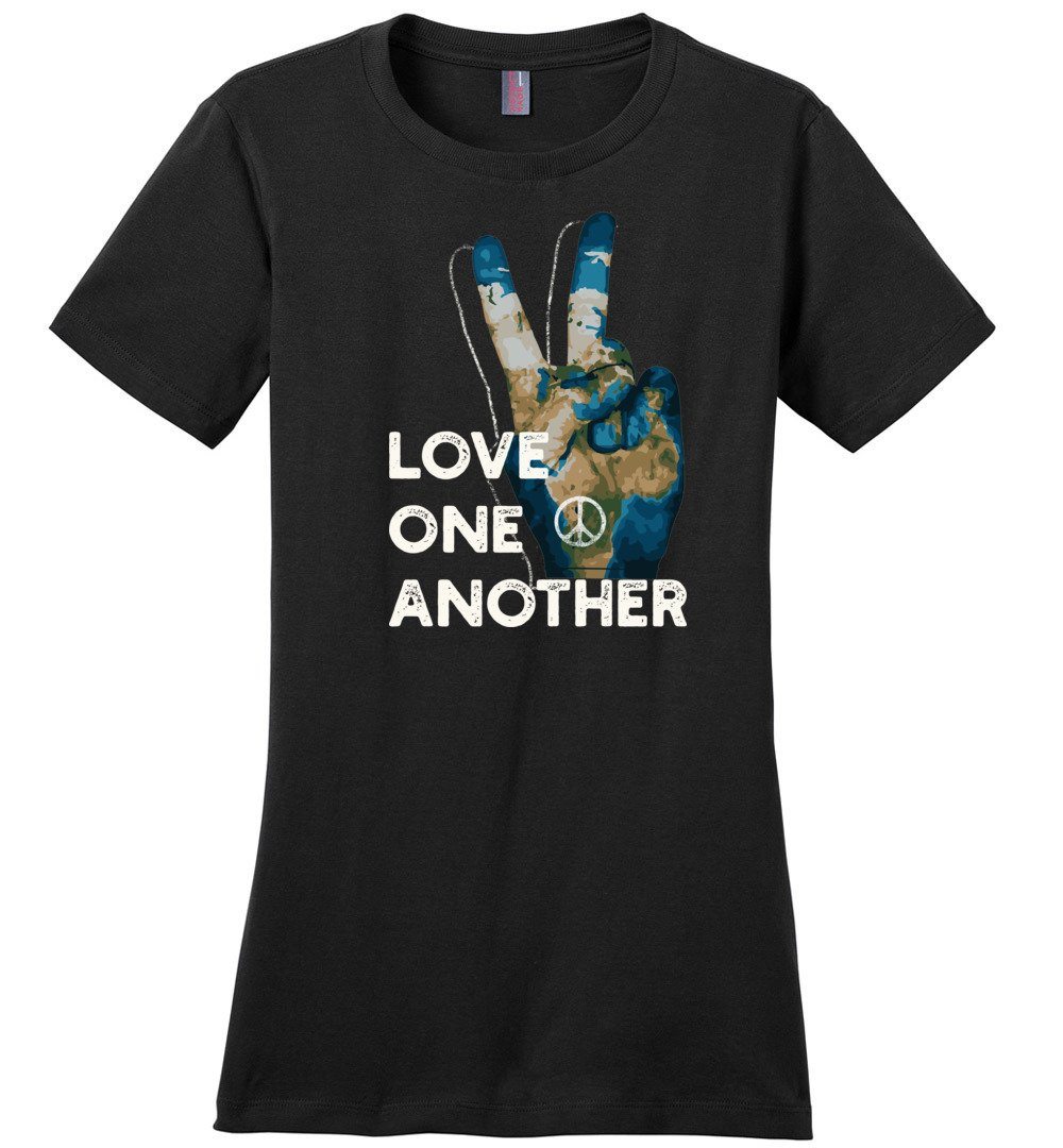 Love One Another - Peace Sign T-shirts Heyjude Shoppe Ladies Crew Tee Black XS