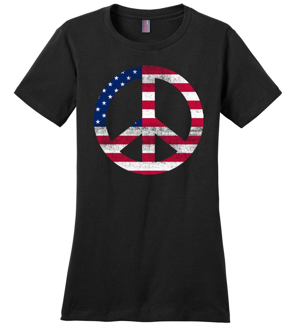 American Peace Sign T-shirts Heyjude Shoppe Ladies Crew Tee Black XS