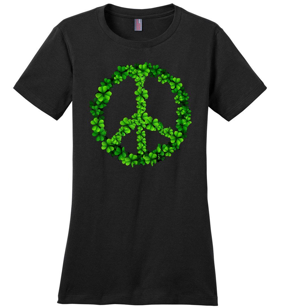 Shamrock Peace Sign T-shirts Heyjude Shoppe Ladies Crew Tee Black XS