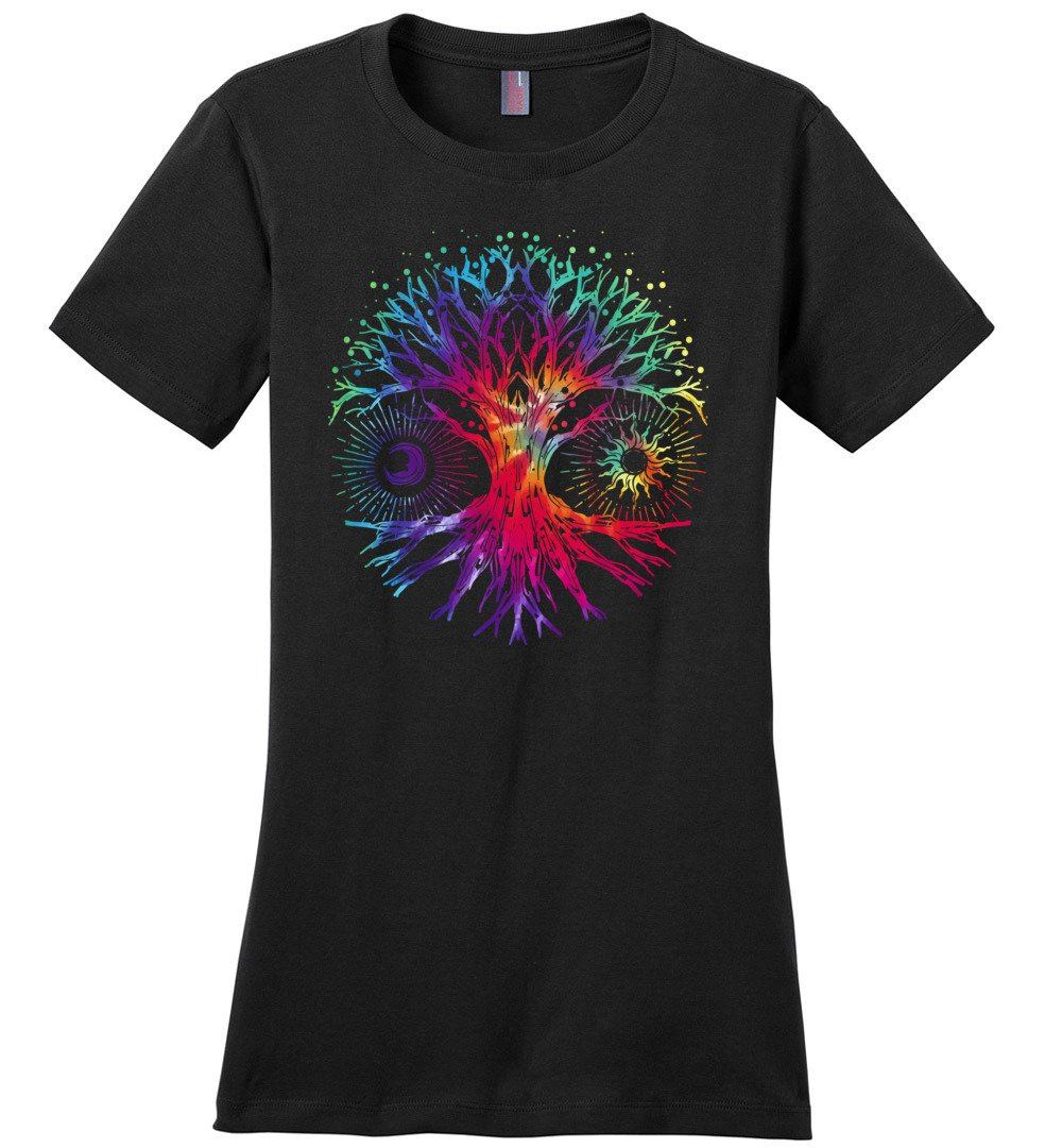 Tie Dye Tree Of Life T-shirts Heyjude Shoppe Ladies Crew Tee Black XS
