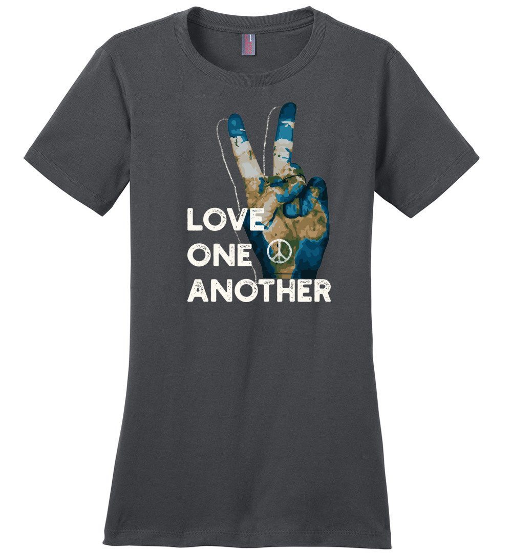 Love One Another - Peace Sign T-shirts Heyjude Shoppe Ladies Crew Tee Charcoal XS