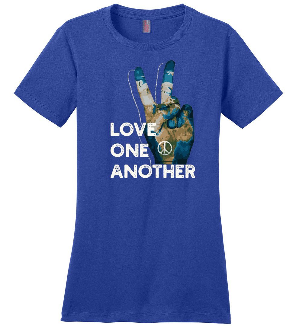 Love One Another - Peace Sign T-shirts Heyjude Shoppe Ladies Crew Tee Deep Royal XS