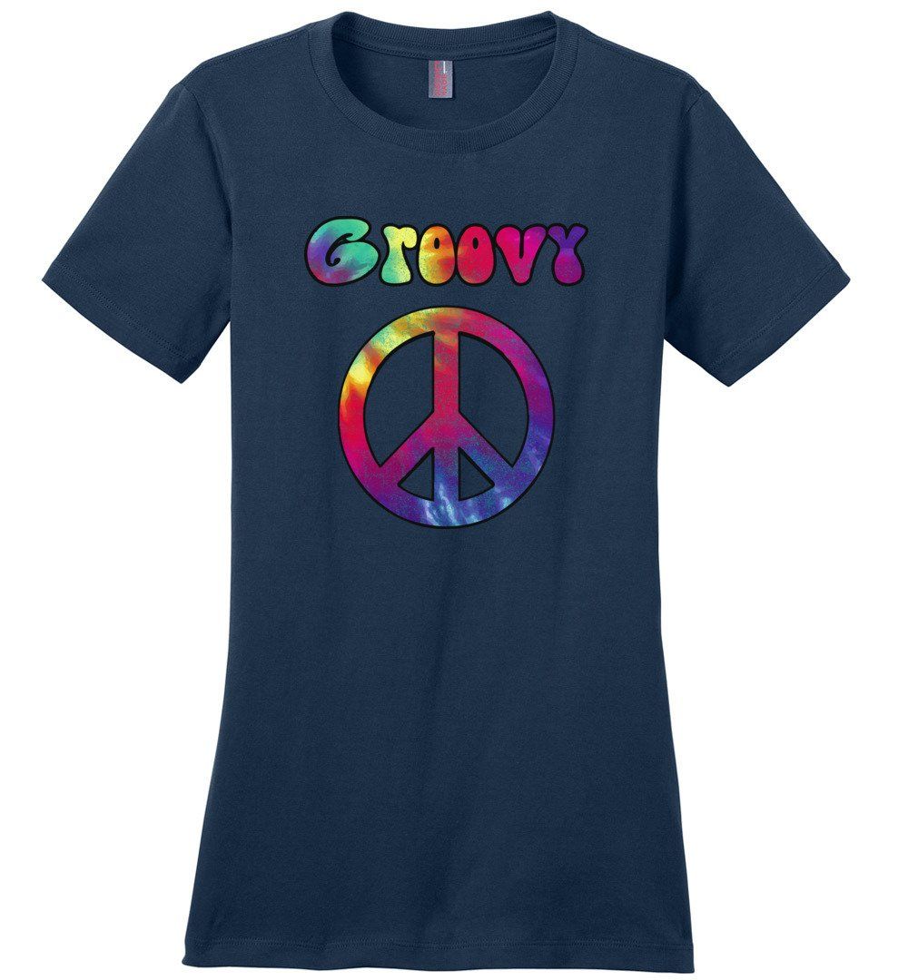 Groovy Sign T-shirts Heyjude Shoppe Ladies Crew Tee Navy XS