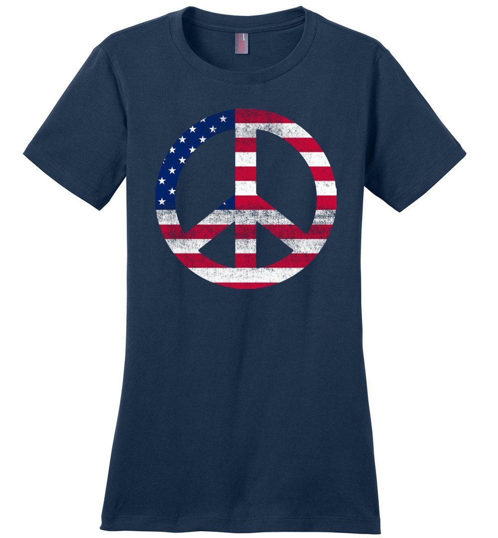 American Peace Sign T-shirts Heyjude Shoppe Ladies Crew Tee Navy XS