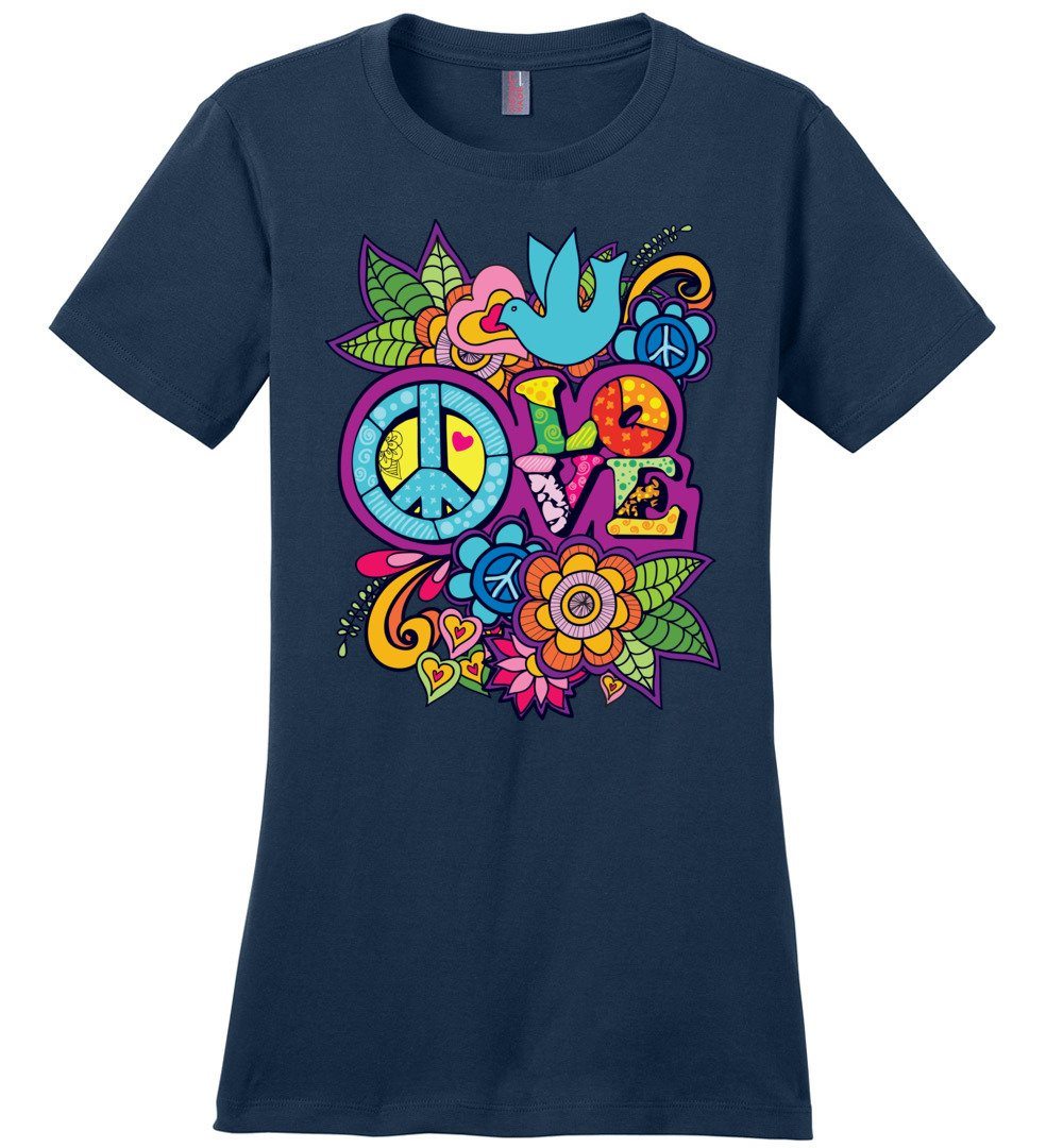 Peace And Love T-shirts Heyjude Shoppe Ladies Crew Tee Navy XS