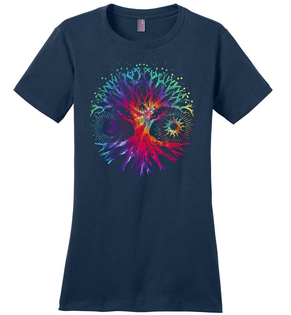 Tie Dye Tree Of Life T-shirts Heyjude Shoppe Ladies Crew Tee Navy XS