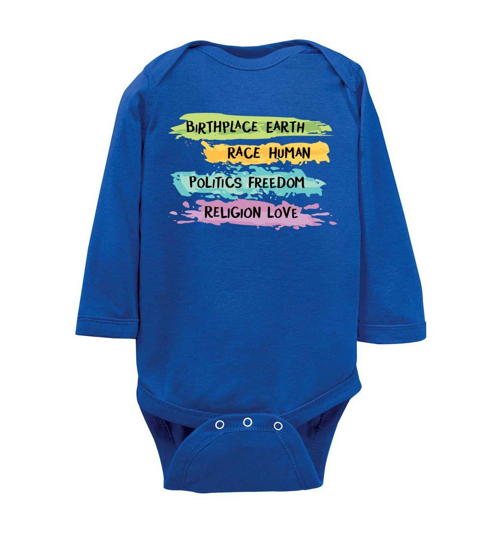 Earth-Human-Freedom-Love - Infant Bodysuits Heyjude Shoppe LS Onesie Royal NB