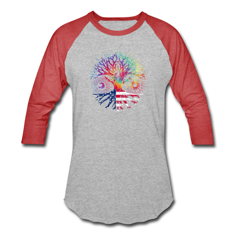 American Tie Dye Tree Of Life- Baseball T-Shirt - heather gray/red