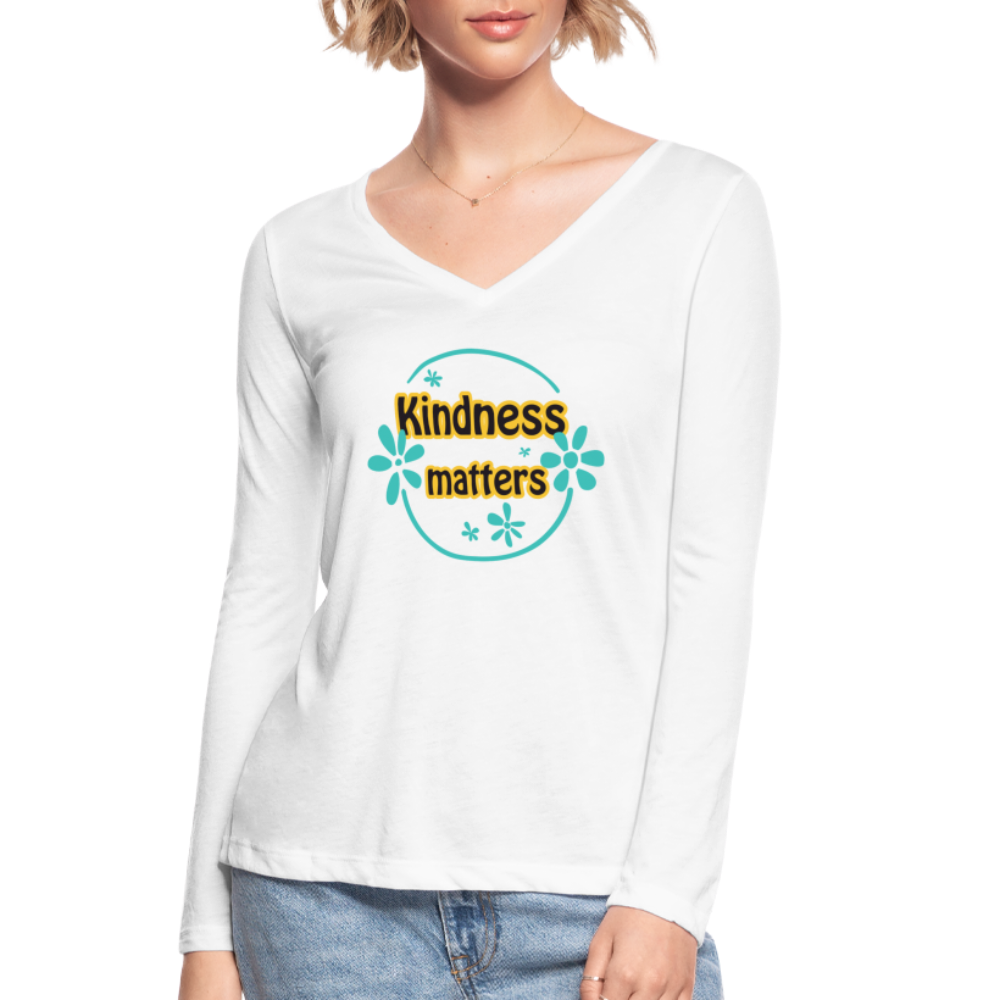 Kindness Matters - Women’s Long Sleeve  V-Neck Flowy Tee - white