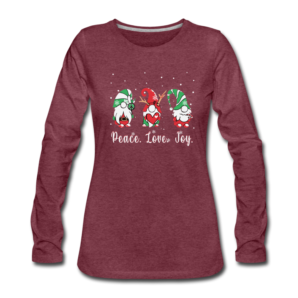 Gnomes- Peace- Love- Joy- Women's Premium Long Sleeve T-Shirt - heather burgundy