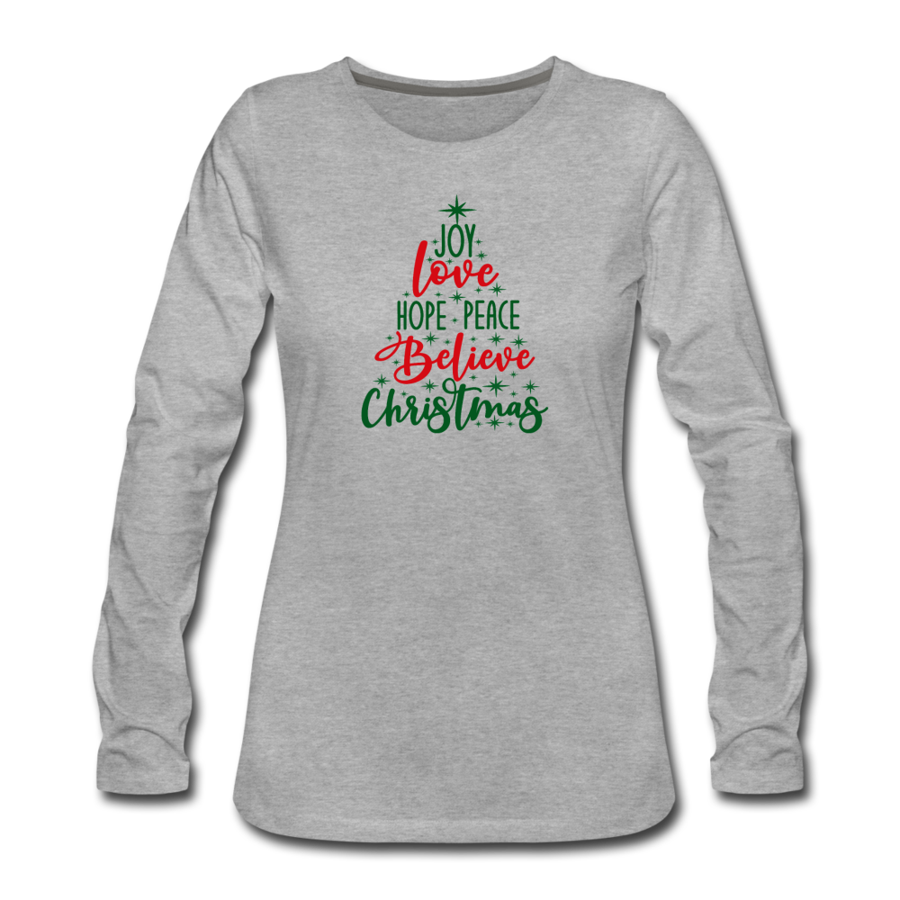 Peace Love Joy Christmas Tree- Women's Premium Long Sleeve T-Shirt - heather gray