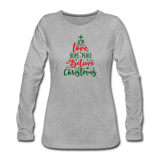 Peace Love Joy Christmas Tree- Women's Premium Long Sleeve T-Shirt - heather gray