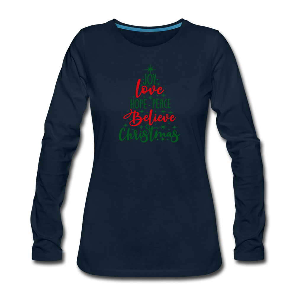 Peace Love Joy Christmas Tree- Women's Premium Long Sleeve T-Shirt - deep navy
