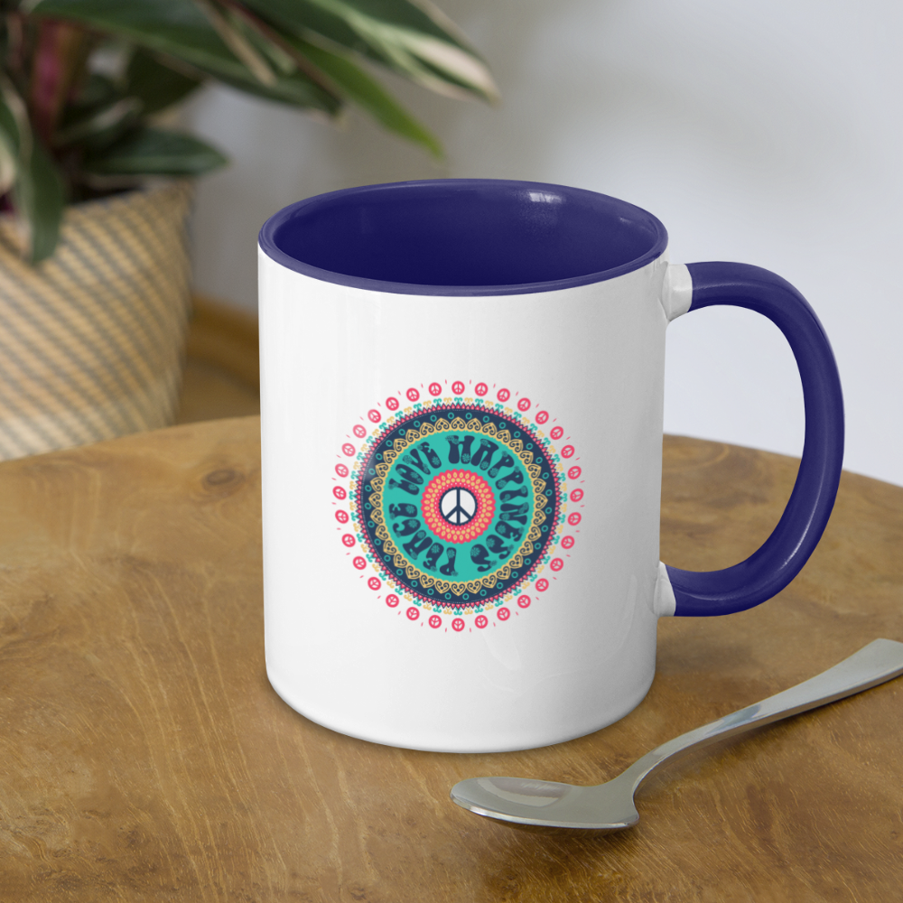 Peace Love Happiness - Contrast Coffee Mug - white/cobalt blue