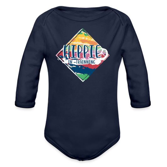Hippie In Training Organic Long Sleeve Baby Bodysuit - dark navy
